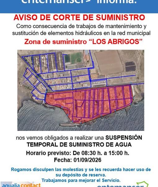 Corte programado del suministro de agua en Los Abrigos