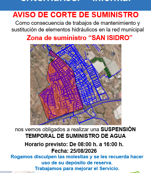 Corte programado del suministro de agua en San Isidro